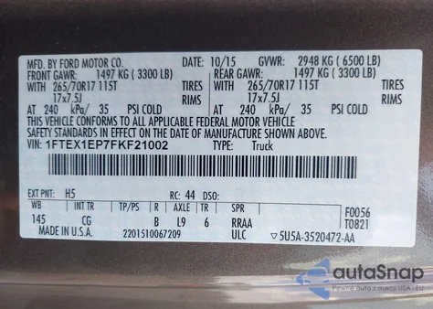 2015 Ford F-150 Xl из США, поврежденный, VIN 1FTEX1EP7FKF21002